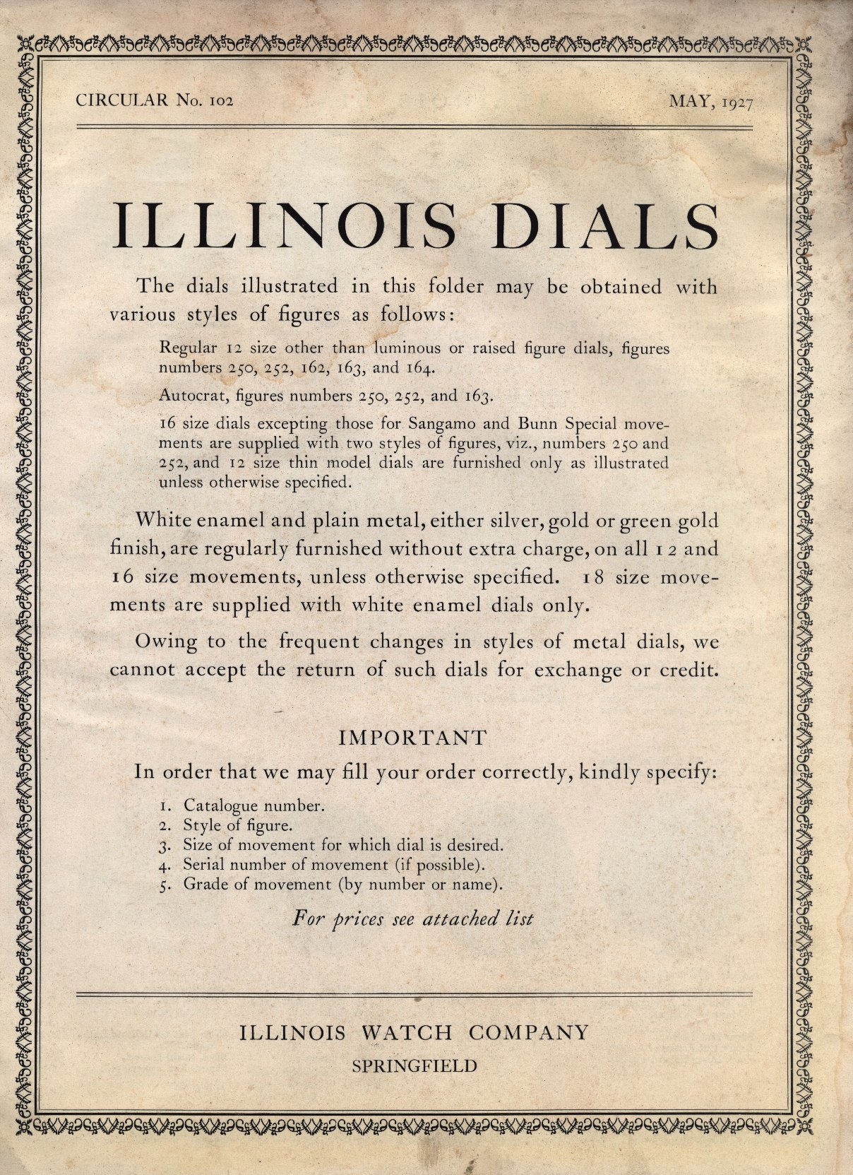 Illinois Watch Dials Catalog: Circular No. 102 (May 1927) Cover Image