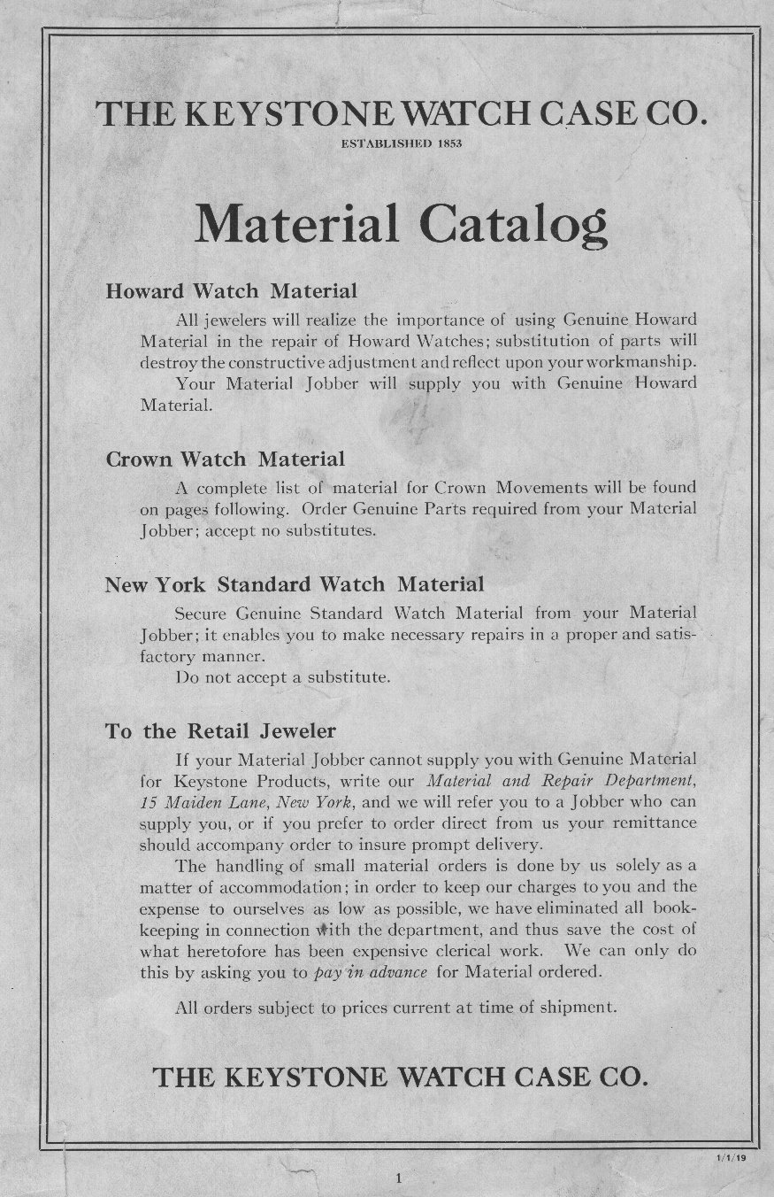 Keystone Watch Case Co Material Catalog 1919  [New York Standard] Cover Image
