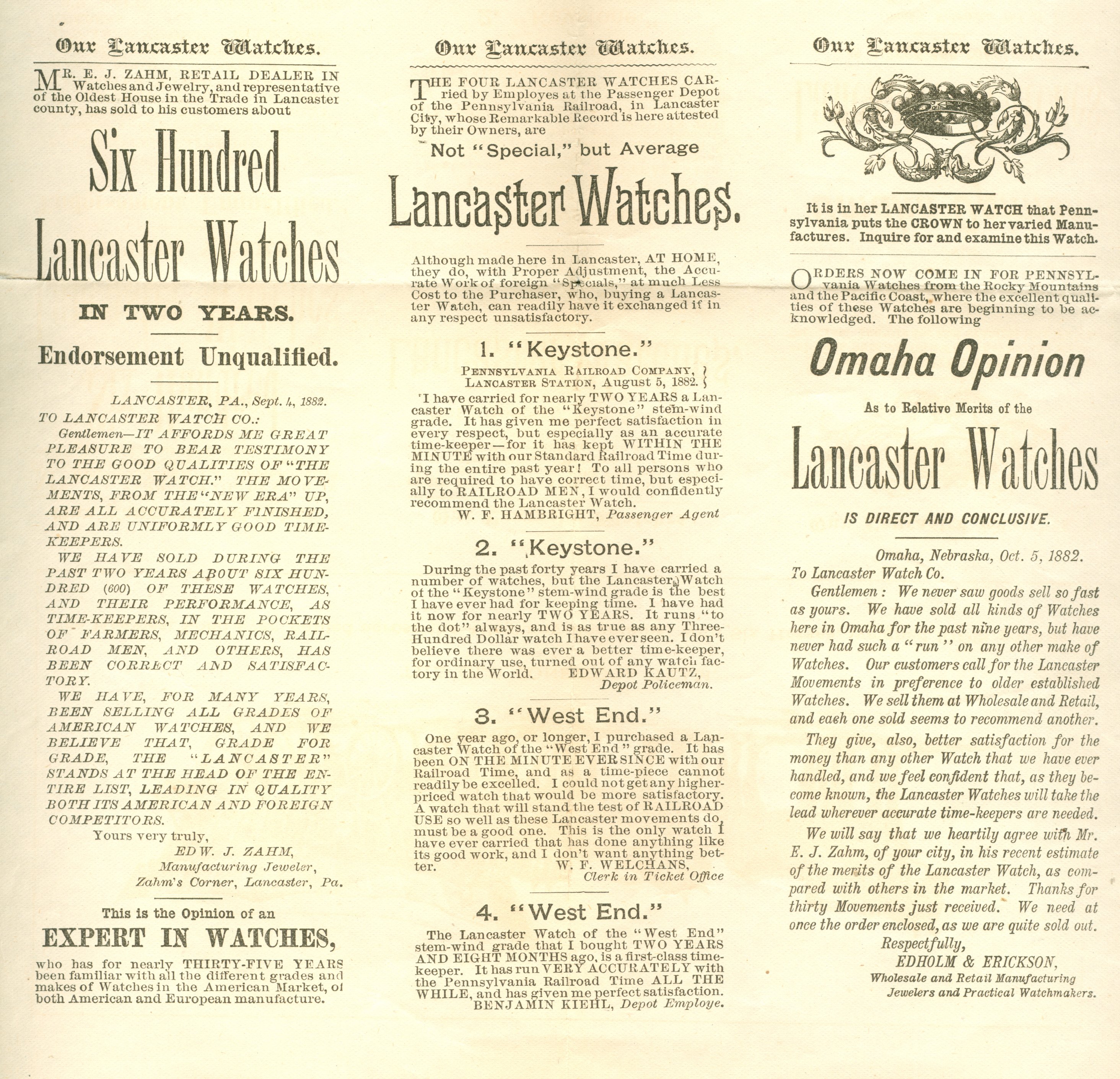 Lancaster Watch Company Advertisement (c.1883) Cover Image